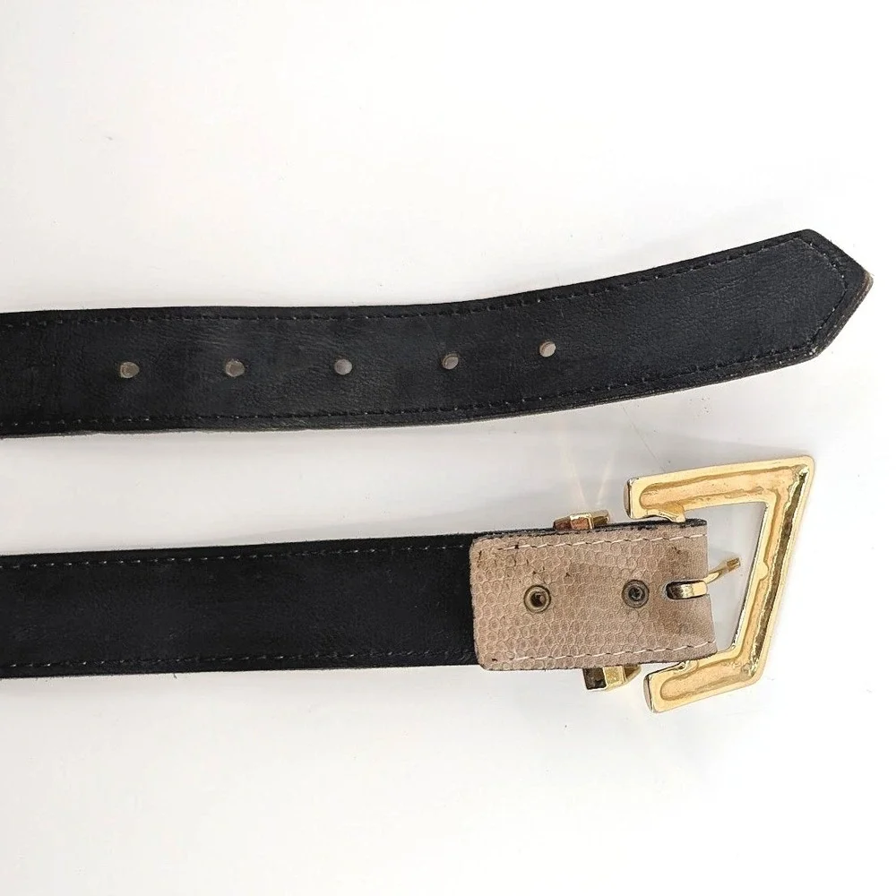 Tan Faux Snakeskin Belt Gold Angular Buckle Camo Print Textured Strap‎ 35in
